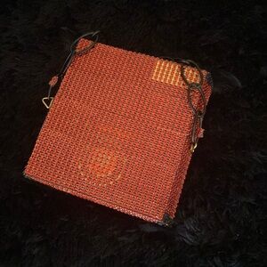 Red Dress Box Purse with Gold Accents and Black Feathers Mirror Inside